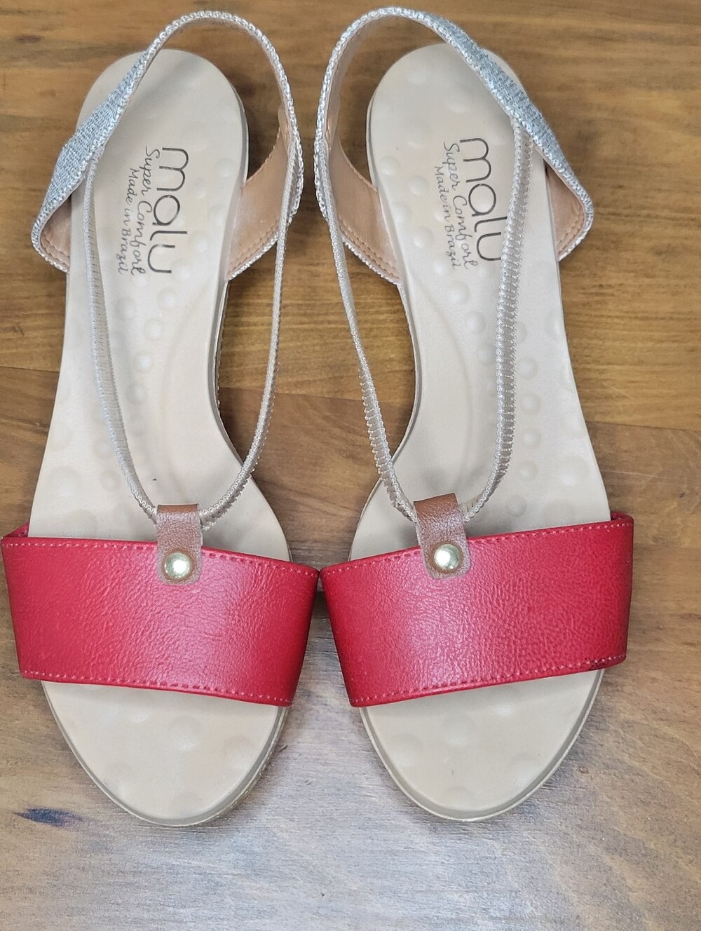 Malu Super Comfort Wedge Sandals Womens Size 7 Red Beige Elastic Strap